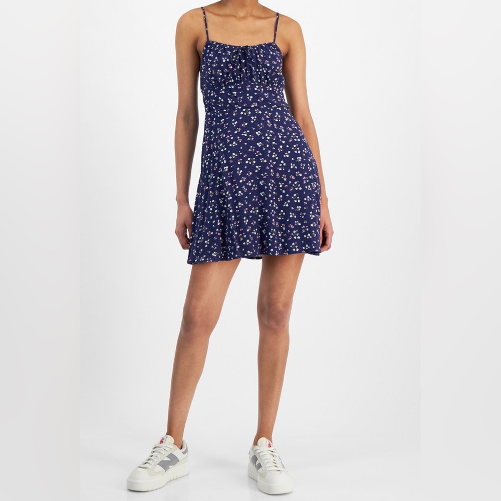 Floral Navy Blue Dress with Tie in front